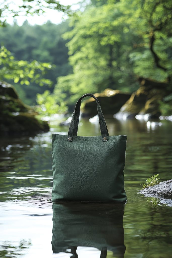 green-tote-bag-floating-stream-with-blurred-green-forest-background